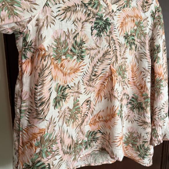 J.JILL | Pink and Green Tropical Print Linen Bell Sleeve Flounce Shirt Large - Picture 6 of 8